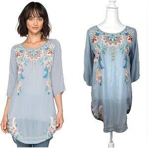 Johnny Was Sindri Tunic Top XS Sky Blue Embroidered Boho Fairy Artisan $248